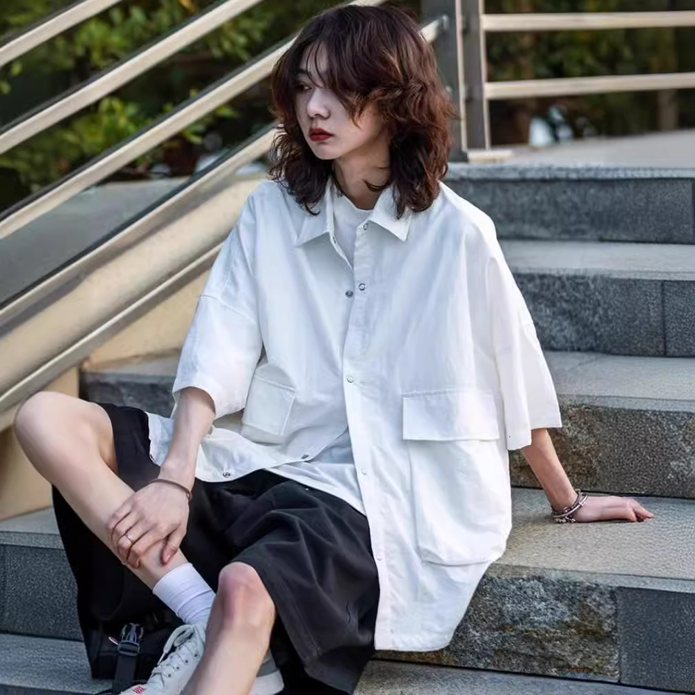 Japanese Style National Trend Multi-pocket Designer Short Sleeves Shirt 2025 Short Sleeve Casual Versatile Loose Couple Commuting Unisex Jacket Summer