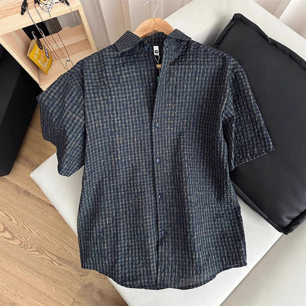 American Retro Bubble Gauze Plaid Shirt Men's Short Designer Short Sleeves Sleeve Summer Thin Sun Protection Loose Lazy Style Half Sleeve Shirt