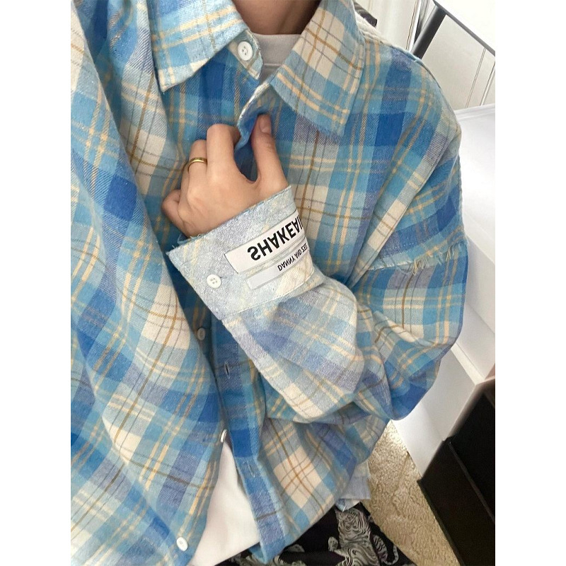 Blue Plaid Shirt For Men High-end Designer Short Sleeves Summer Youth Style Long Sleeve Shirt Summer Sun Protection Thin Jacket