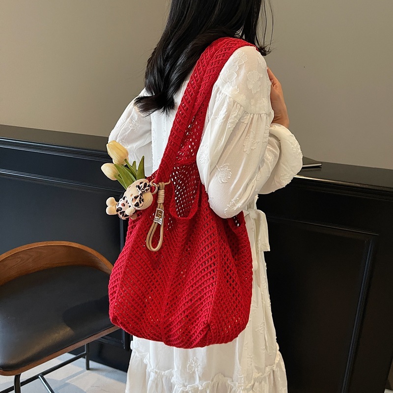 Free shipping designer Cotton Thread Woven Bag for Women 2025 New Knitted Hollow Shoulder Bag Tote Bag Lazy Style Beach Vacation Beach Bag
