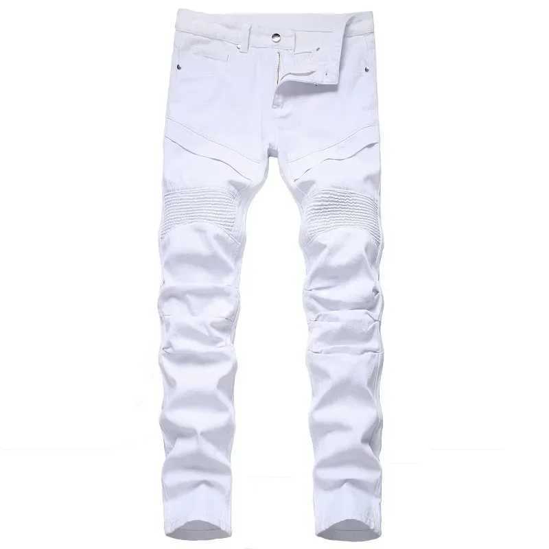 New Mens Slim Jeans White Motorcycle Trendy Casual Patchwork Denim Trousers Fashion Tight Folding Male Pants (without Belt) XJ250707