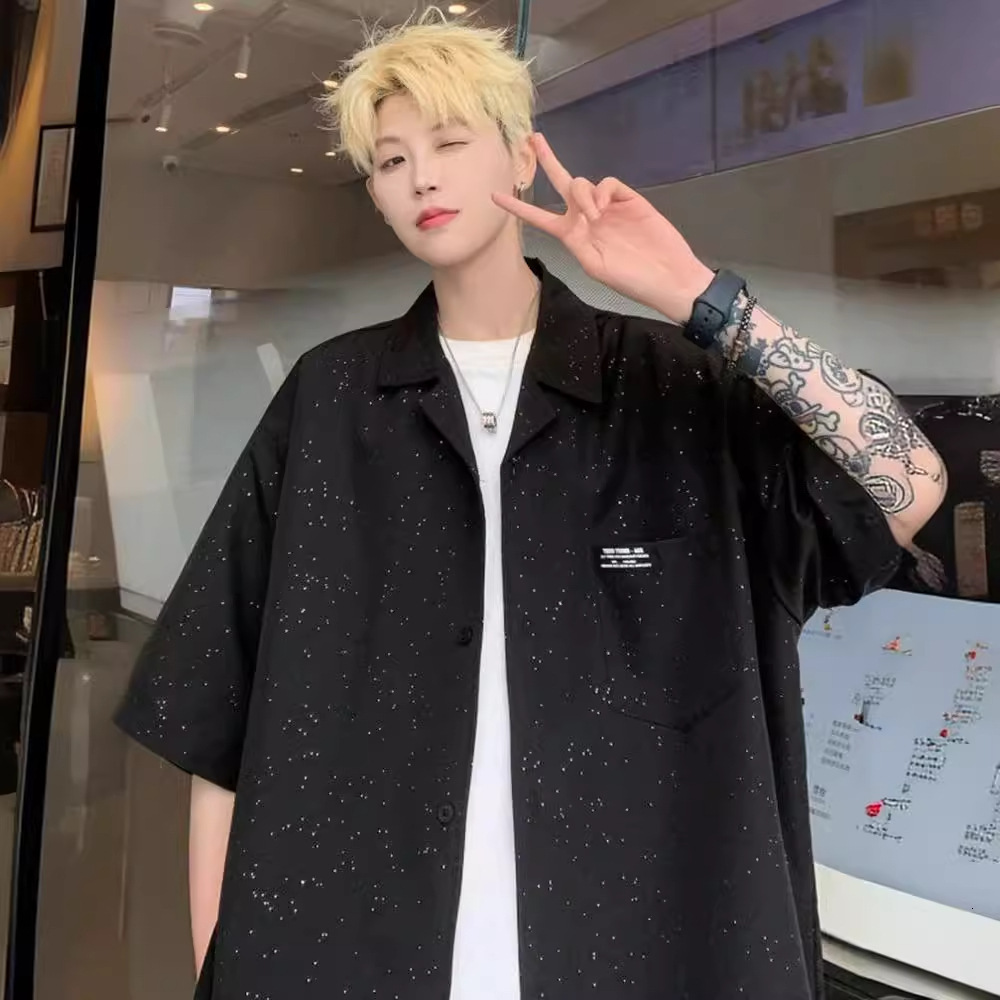 Ice Silk Starry Sky Short Sleeve Shirt For Men Summer Trendy Brand Black Shirt Cool And High-end Sensation Designer Short Sleeves Abstinence Style