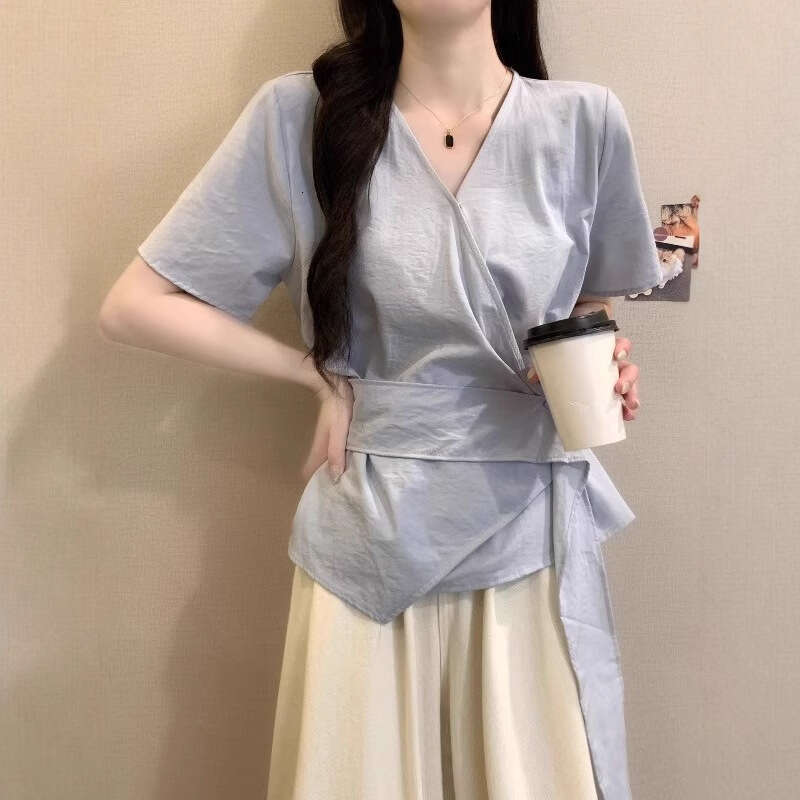 Cloud Wrinkle Short Sleeve Shirt For Women Summer New Large Size Belly Covering Irregular Waist Slimming Top B5