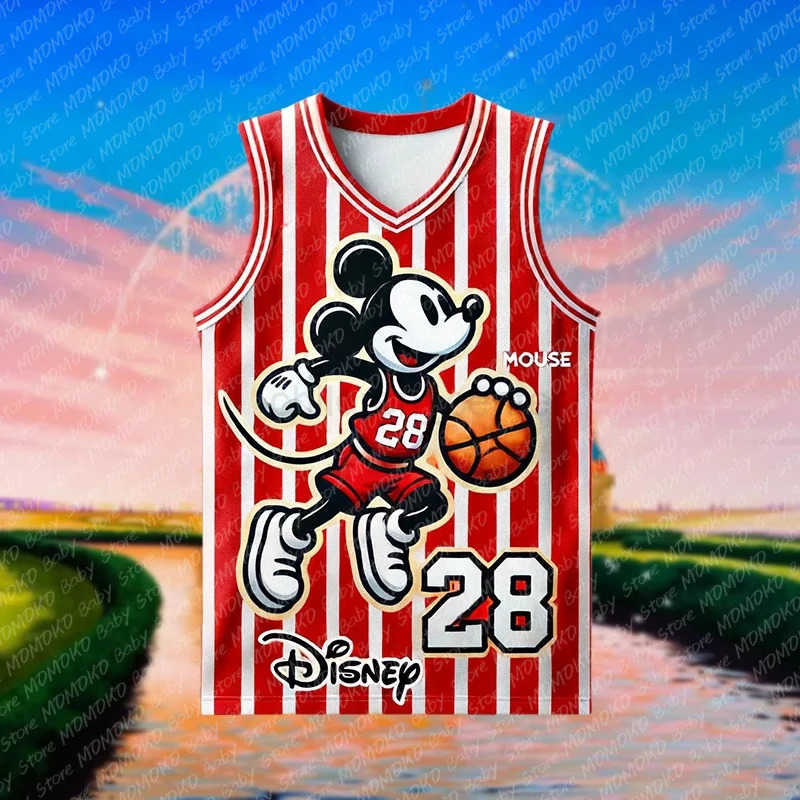 Disney New Disney Mickey Mouse Print Basketball Jersey Summer Childrens Outdoor Sports Clothing Kids Adults Breathable Sleeveless Vest W250707