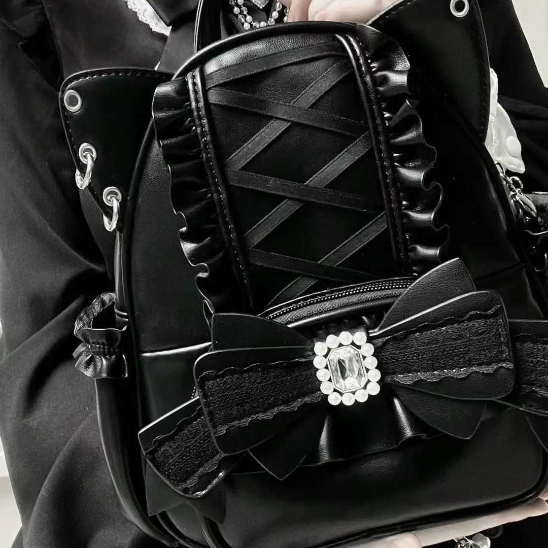 Korean Fi Y2k Punk Backpack Lace Bow Ear Lotus Lace Decorati Lolita Backbag PU Leather Large Capacity Wen Backpack Y250707