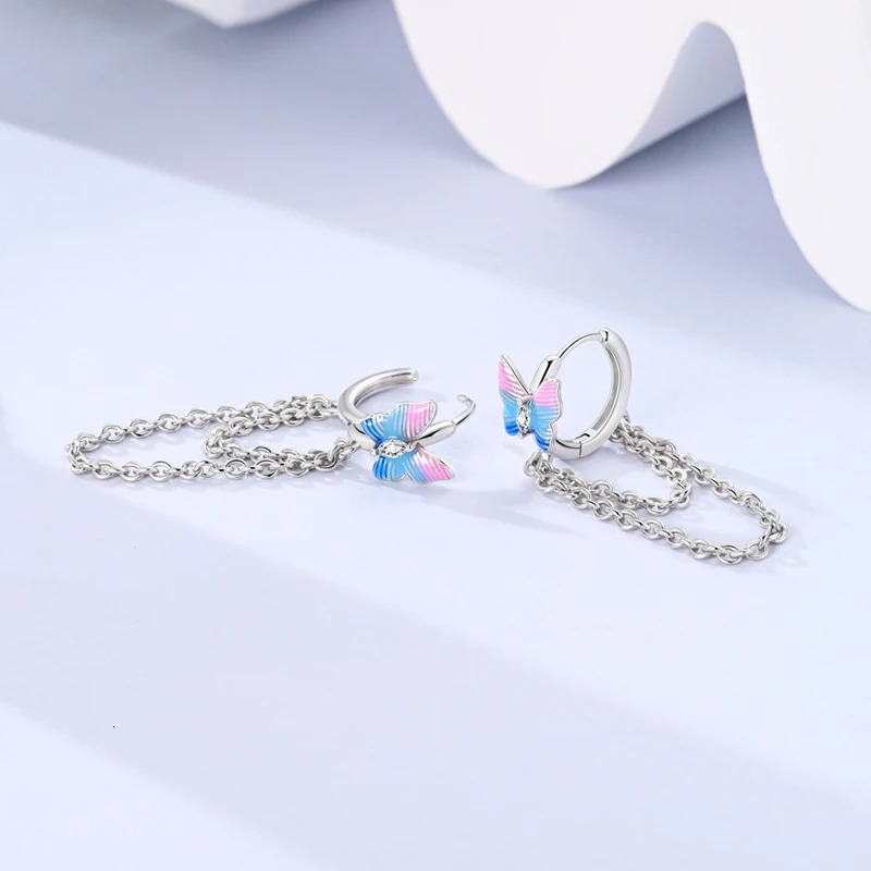 925 Sterling Silver Butterfly Double Loop Tassel Snake Bone Pattern Chain Colorful Threaded Double Loop Hanging Chain Earrings 250701