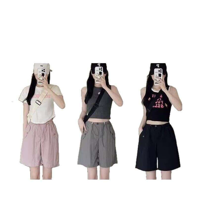 Gray Quick-Dry For Women New Summer Thin American Style Cargo High Waist Casual Slimming Sports Short Five-Point Pants B5