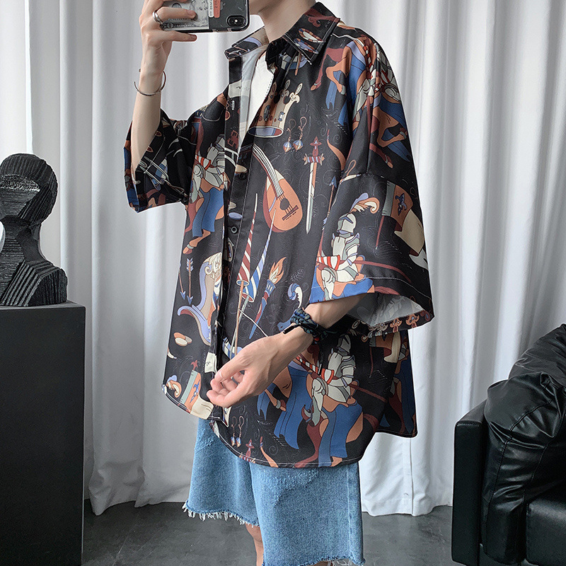 Short Sleeve Shirt Men Hong Kong Style Retro Designer Short Sleeves Print Shirt Summer Thin Draped Cool Casual Half Sleeve Top Jacket Trendy
