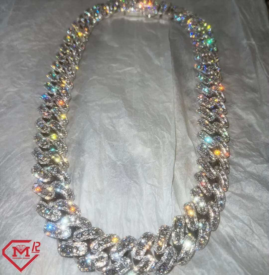 Super Iced Out Silver Moissanite Cuban Chain for Mens Luxury Hip Hop 18mm Pass Test S925 Moissanite Cuban Link Chain