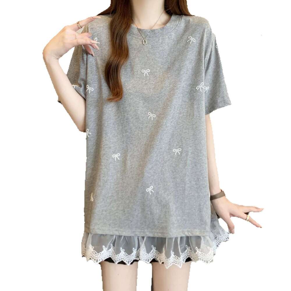 Plus Size Bowknot Patchwork Lace Trim Short Sleeve T-Shirt For Women Summer Sweet Style Mid-Length Versatile Casual Top B5