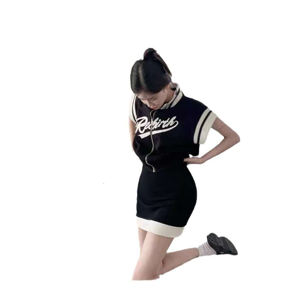 American Style Elegant Round Neck Design Baseball Jacket Slimming Color-Block Vest Dress Summer Two-Piece Set B5