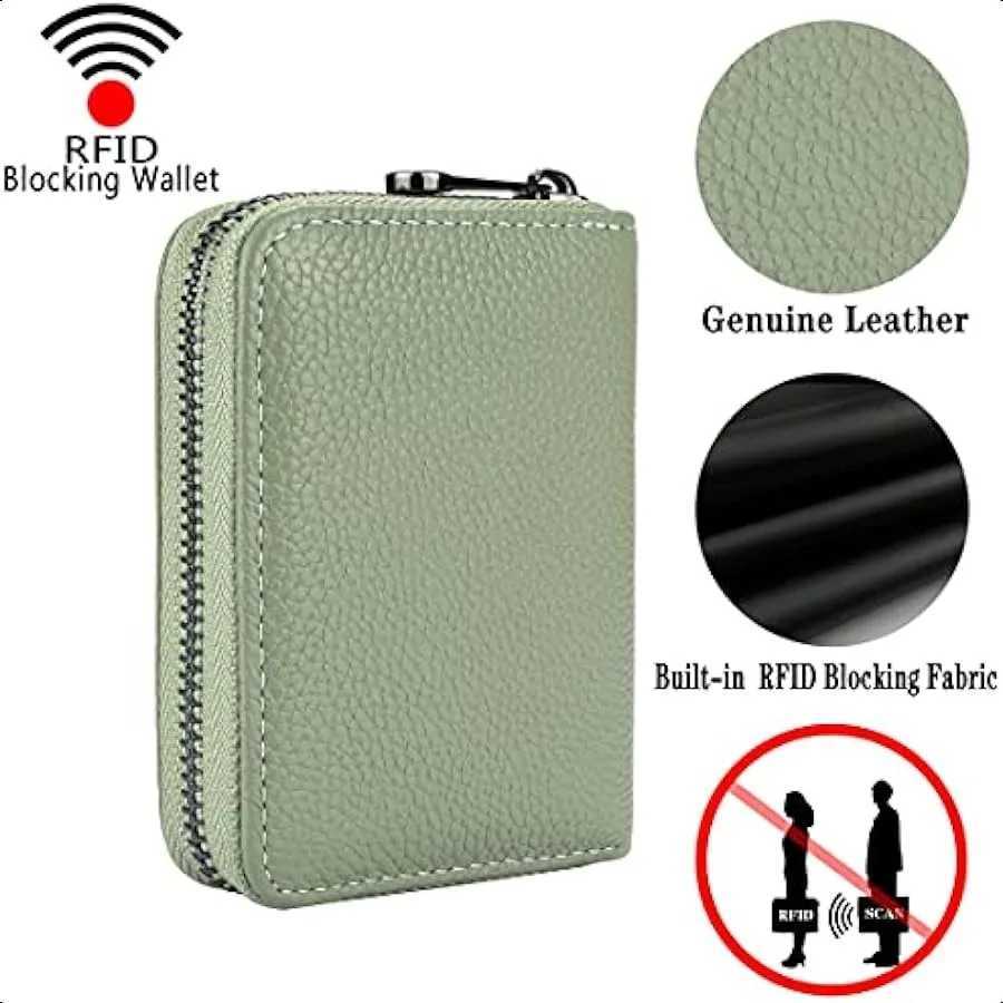 Suweibuke Genuine Leather Wallet Holder RFID Blocking Secure Card Case ID Case Organizer Zipper Wallet Light Green Y250707