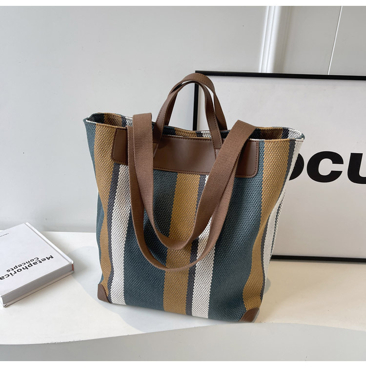 Free shipping designer Color-Block Striped Canvas Bag for Women Large Capacity New Fashion Single Shoulder Bag Versatile Commuter Handbag Tote Bag
