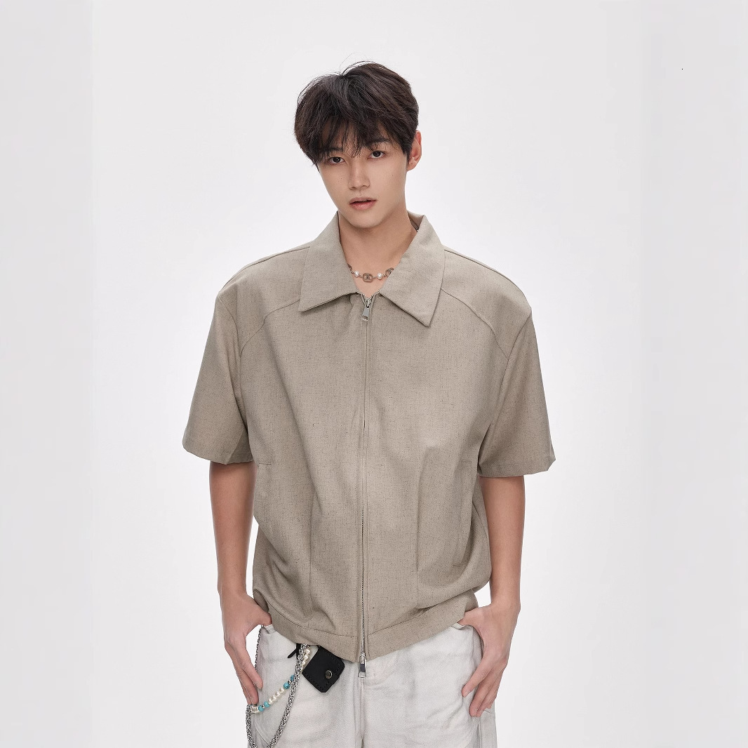 Clenafit Double Zipper Short Sleeve Shirt Jacket Men Summer American Style Trendy Brand Designer Short Sleeves Simple Loose Short Padded Shoulder Shir