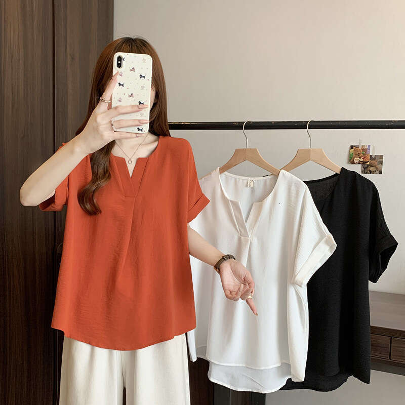 Plus Size Regular Shoulder Orange Red V-Neck Short Sleeve T-Shirt For Women Summer Style Solid Color Casual Simple Slimming Belly-Covering Top B5