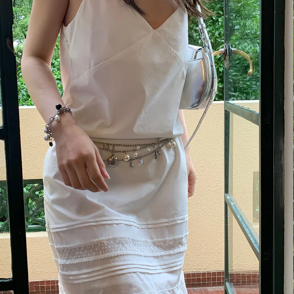 Women's body accessories: Pearl belly button necklace paired with skirt metal chain, sexy pendant, adjustable belly button 250716