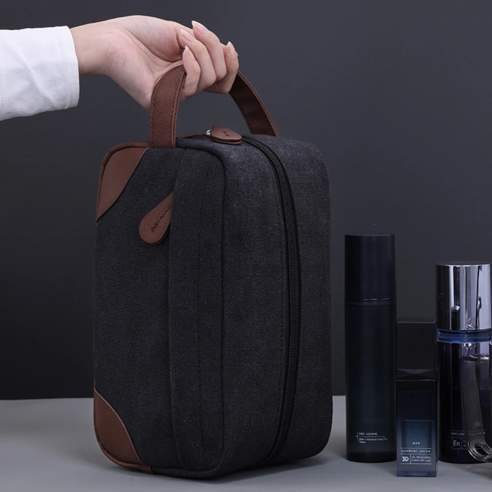 Large Capacity Leather Canvas Men Wash Shaving Women Toiletry Storage Waterproof Makeup Travel Organizer Retro Cosmetic Bag 2025 250701