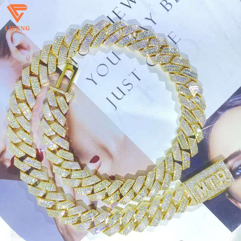 16mm Gold Plated 925 Sterling Silver Round Baguette Cut VVS Moissanite Diamond Cuban Link Chain Custom Hip Hop Fine Necklace