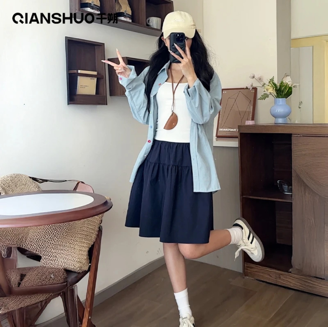 PLD1955 New Arrival College Style Skirt Girls 2025 Summer New Navy Blue Skirt