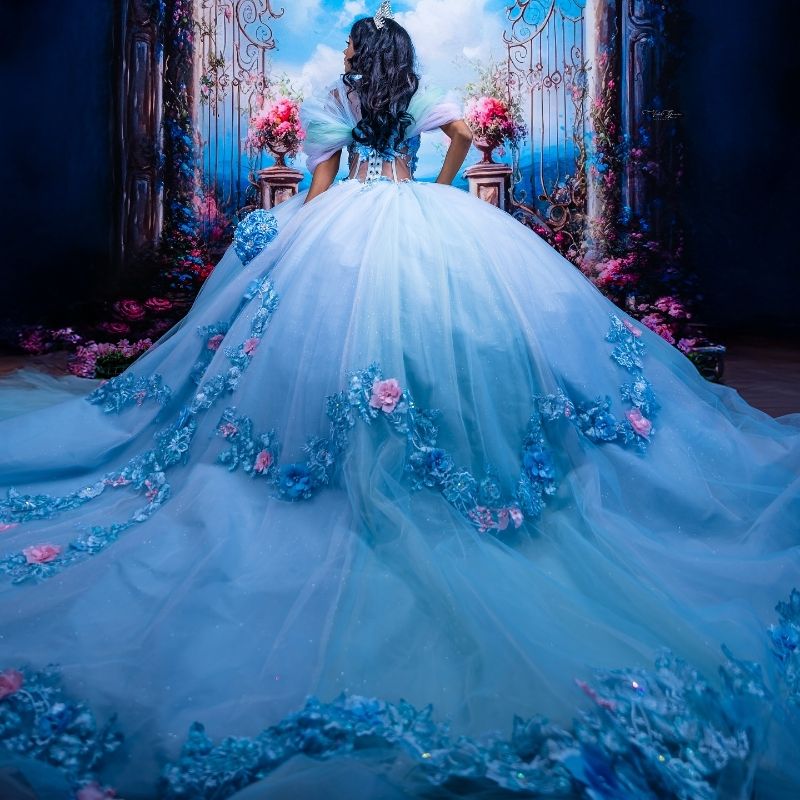 Blue Shiny Quinceanera Dresses Ball Gown Off Shoulder Appliques Flower Beads Tull Sweet 16 Dress Vestidos 15 De Anos