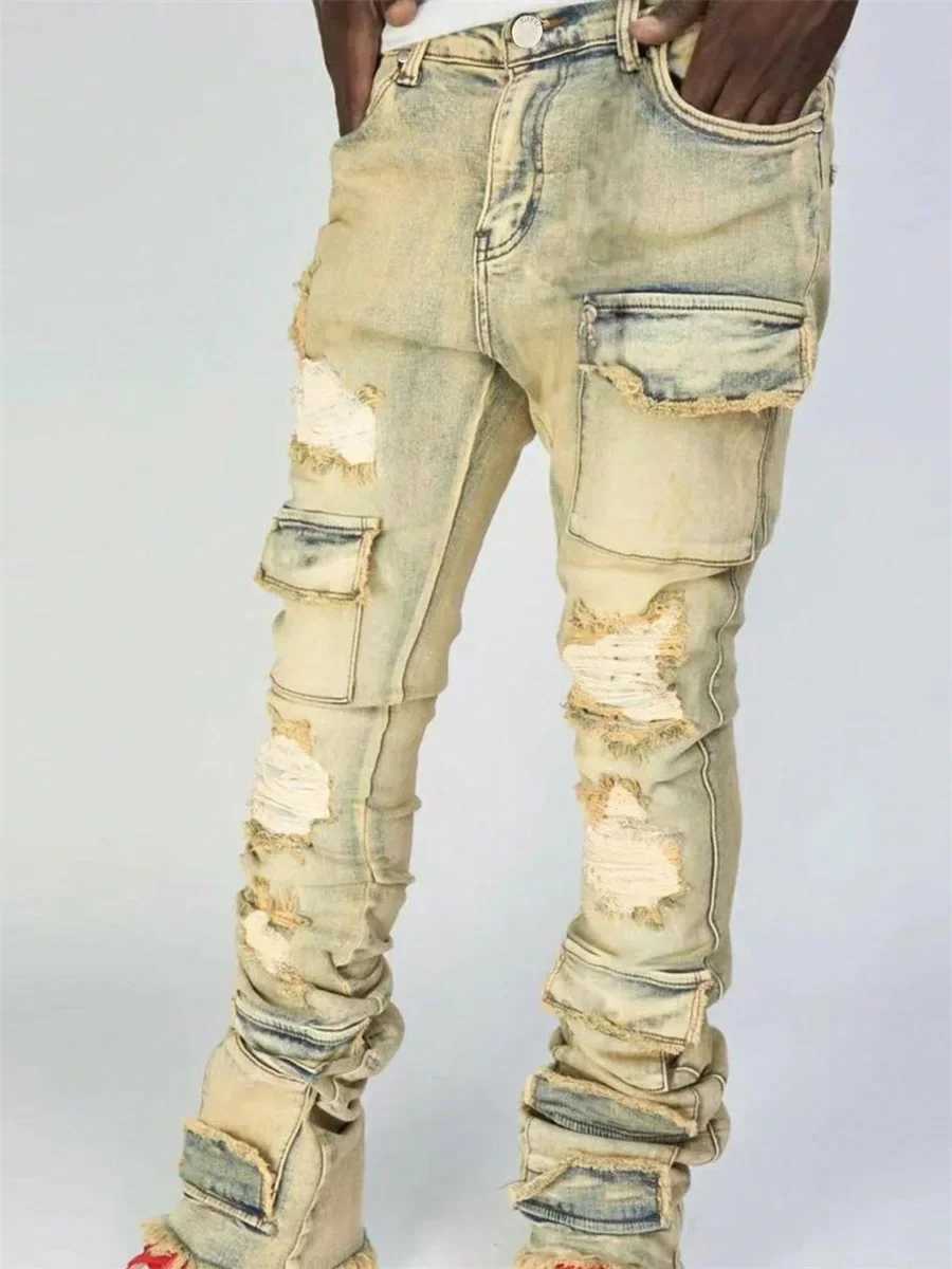 Men Ripped Denim Pants Distressed Skinny Cargo Pants Casual Trousers with Pockets for Streetwear Autumn Spring Clothes Punk Y2K XJ250707