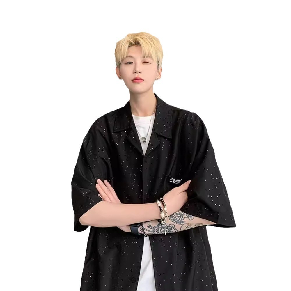 Ice Silk Starry Sky Short Sleeve Shirt For Men Summer Trendy Brand Black Shirt Cool And High-end Sensation Designer Short Sleeves Abstinence Style