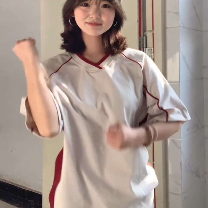 American Style Color Block V-Neck Short T-Shirt For Women Summer Striped High-End Half Sleeve Top Trendy Brand B5