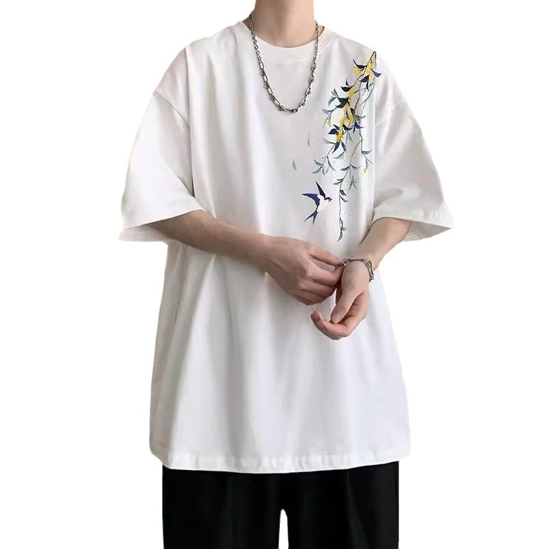 Burgundy New Chinese Style Designer Short Sleeves Short Sleeve Men's T-shirt Chinese Style Heavyweight 200g Summer Trendy Brand Cleanfit Pure Cot