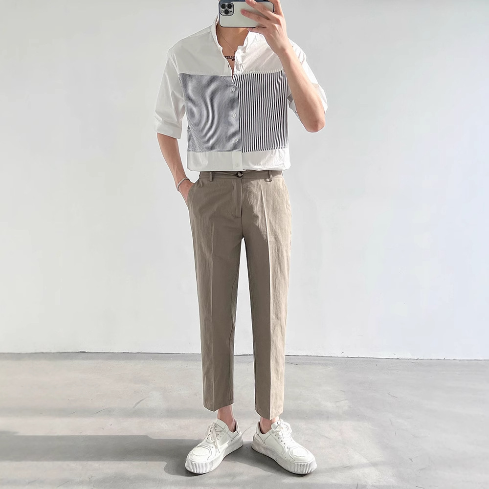 Summer Designer Short Sleeves Thin Top Korean Style Loose Short Sleeve Shirt Men's Trendy Patchwork Striped Five-quarter Sleeve Shirt Men