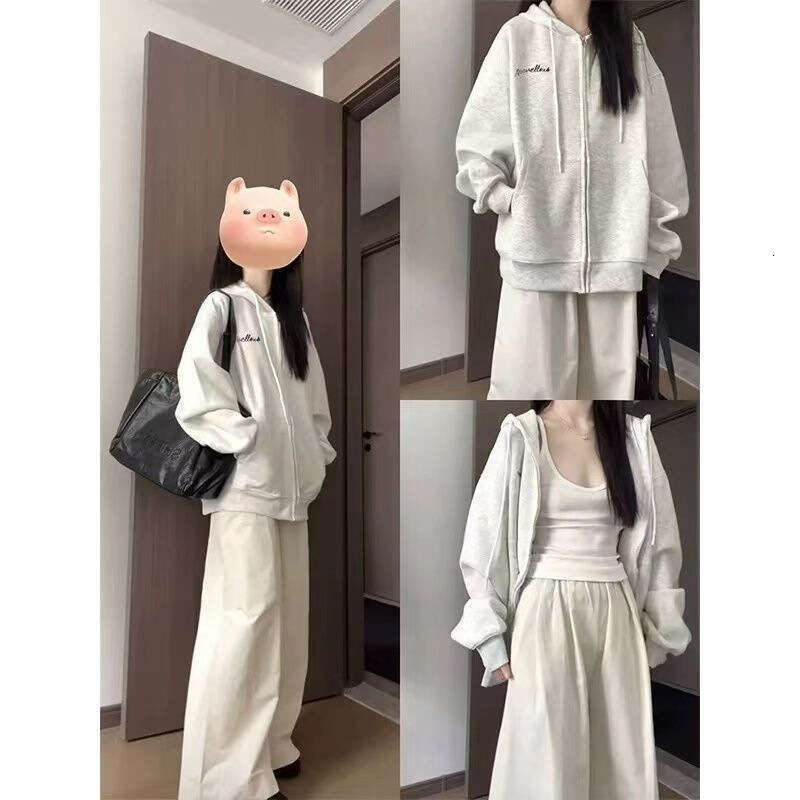 Gray American Style Sweatshirt Women Spring New Loose Casual Cardigan Hooded Jacket For Petite Trendy Brand B5