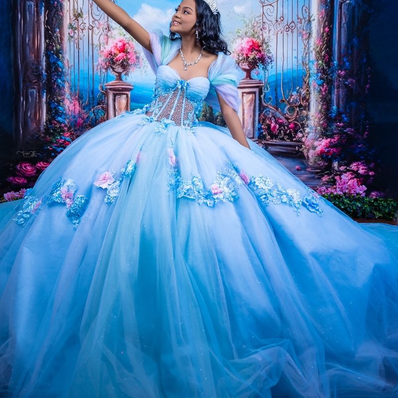 Blue Shiny Quinceanera Dresses Ball Gown Off Shoulder Appliques Flower Beads Tull Sweet 16 Dress Vestidos 15 De Anos