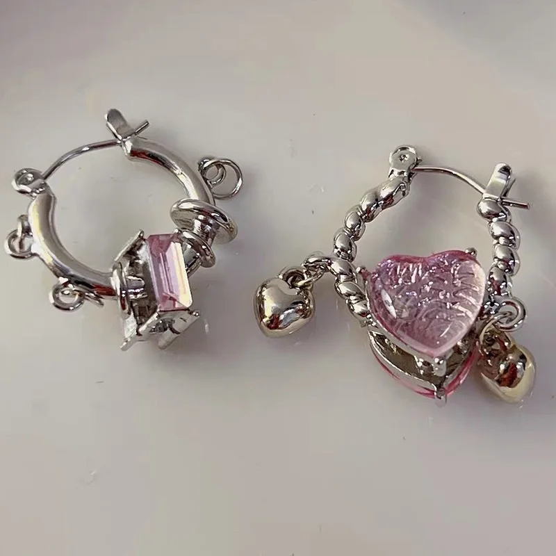 Y2k Pink Crystal Heart-Shaped Rectangular Asymmetrical Ear Buckle Metal Heart-Shaped Pendant Womens Banquet Earrings 250701