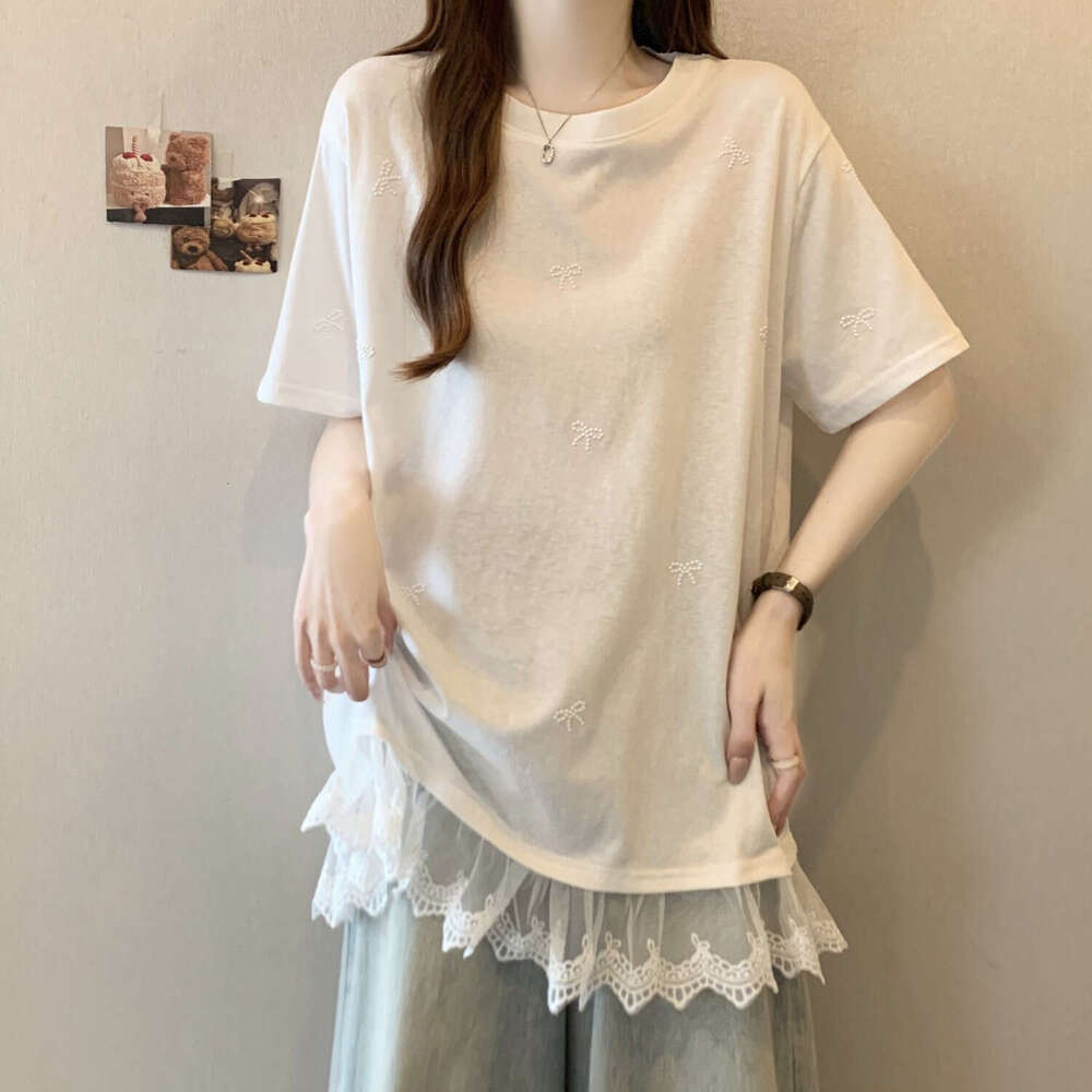 Plus Size Bowknot Patchwork Lace Trim Short Sleeve T-Shirt For Women Summer Sweet Style Mid-Length Versatile Casual Top B5