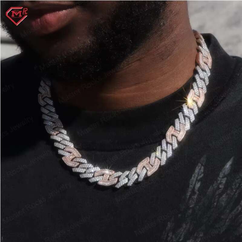 Hip Hop 15MM Cuban Link Chain Two Tone 925 Silver Iced Out Charm Baguette Vvs Moissanite Cuban Chain