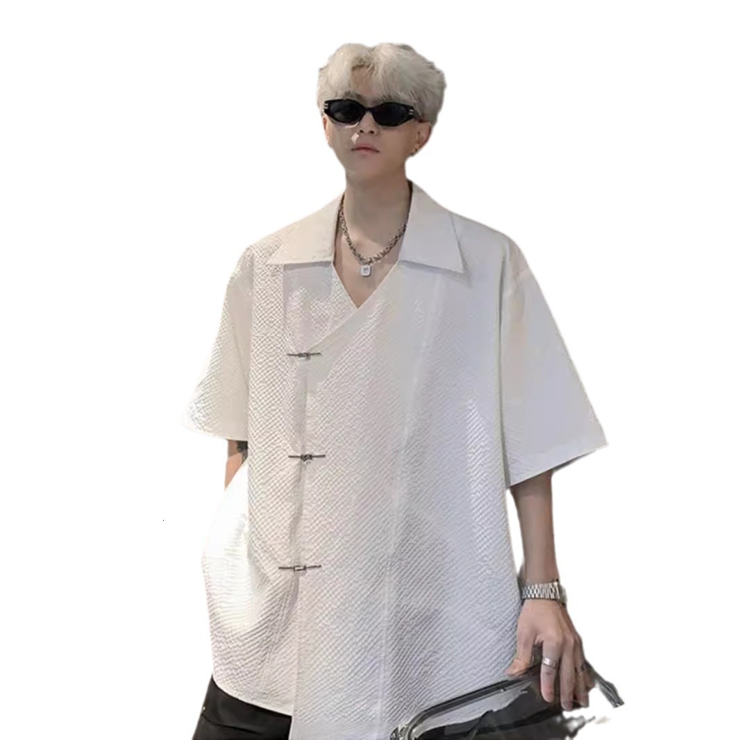 New Chinese Style Short Sleeve Shirt For Men Summer Thin Version Handsome Texture Pattern Padded Shoulder Designer Short Sleeves Loose Turn-down Colla