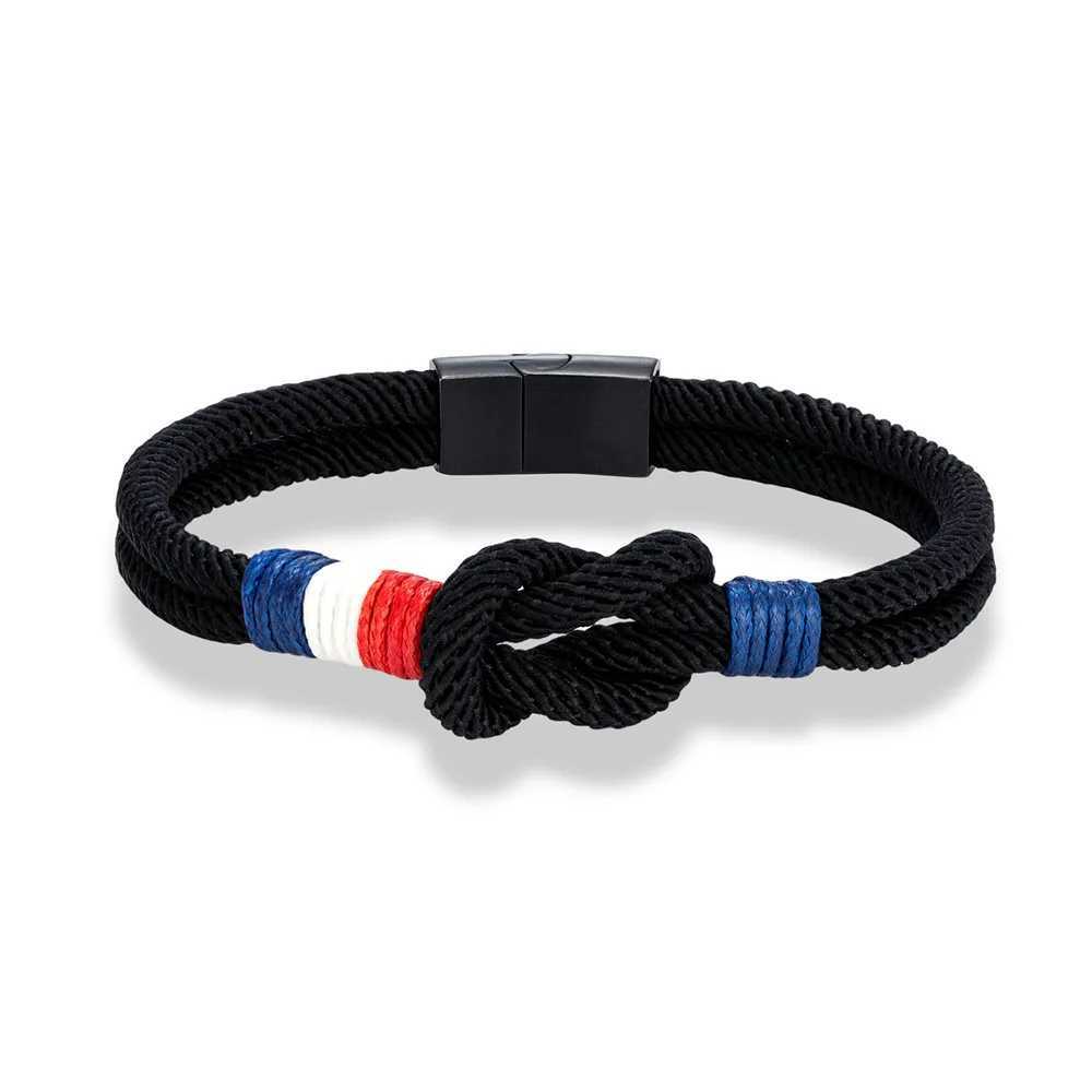 MKENDN Black Stainless Steel Square Knot Rope Bracelet for Men and Women Handmade Woven Double-Layer Design France Flag Couple Jewelry XJ250707