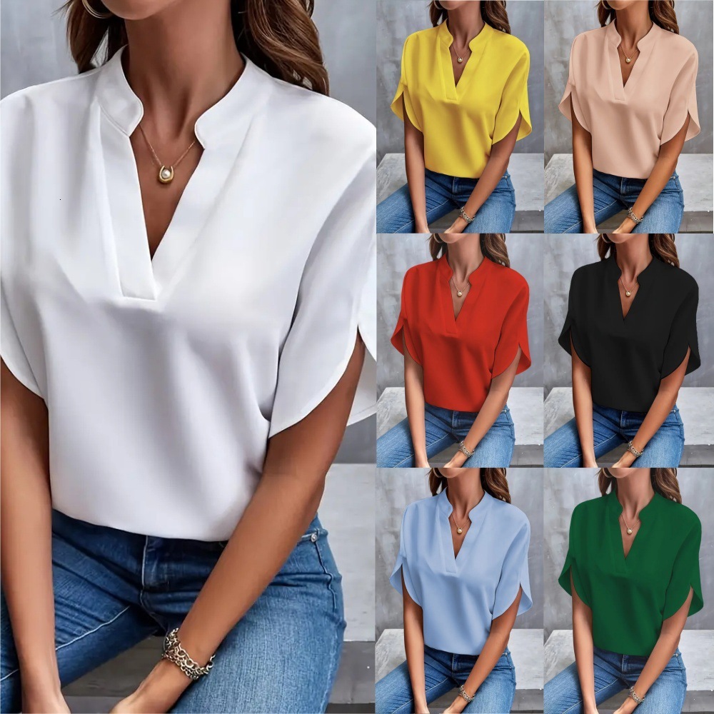 Designer Fashion Trend Free Shipping Plus Size Foreign Trade Women's Clothing 2025 Summer Casual Solid Color V-neck Loose Shirt Top for Women