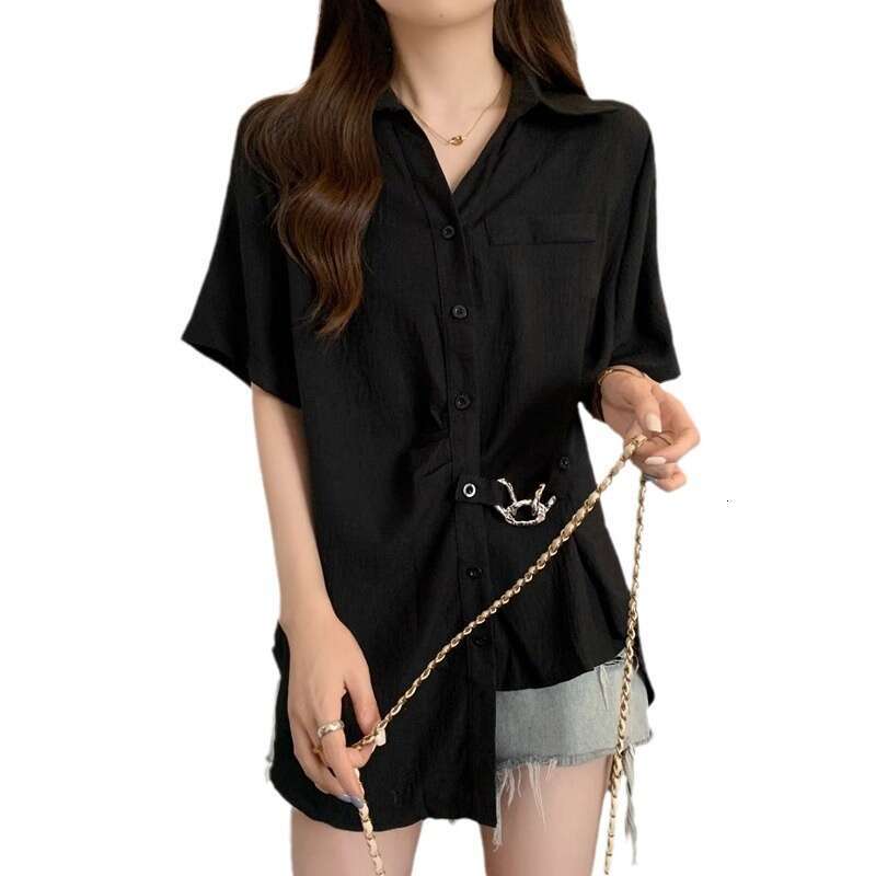 Plus Size Tummy Covering Unique Irregular Pleated Short Sleeve Shirt For Women Summer Slimming Design Chain Blouse Top B5