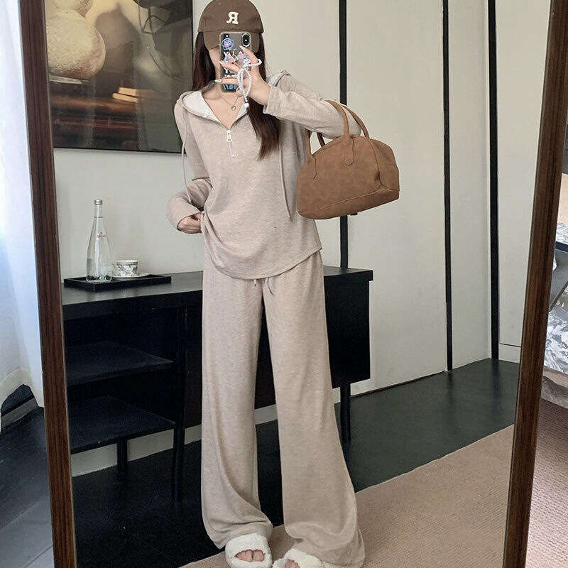 Lazy Hooded Sweatshirt For Women Autumn Winter Plus Size Casual Slimming Korean Style Wide Leg Pants Two-Piece Set B5