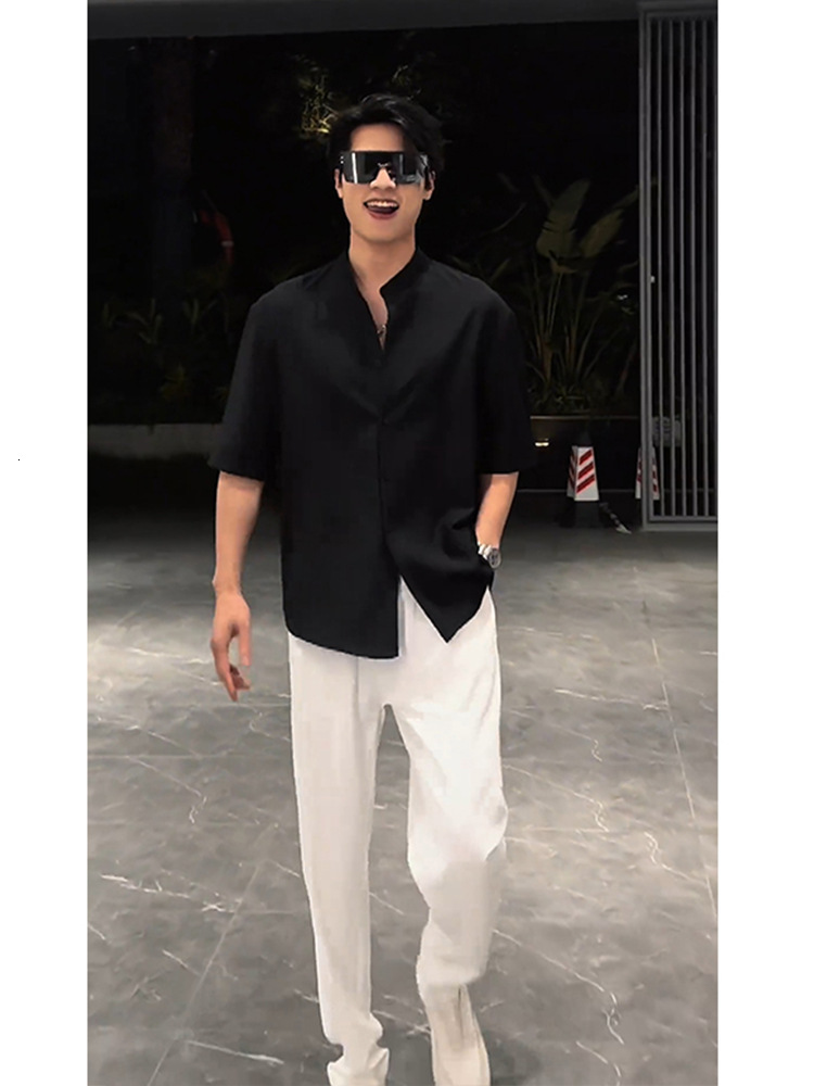 Lushangshuai High-end Designer Short Sleeves Black Ice Silk Stand Collar Three-quarter Sleeve Shirt Men's Cool Draped National Style Short Sleeve