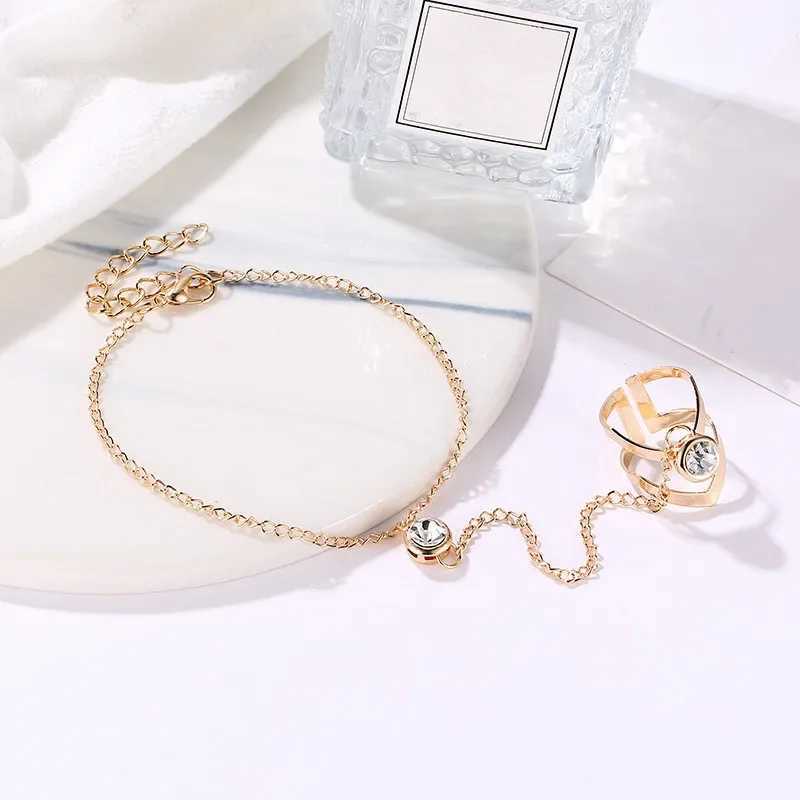 Bohemia Punk Link Chain Ring Connected Bracelets Gold Color Metal Finger Ring Bracelets Hand Harness Fashion Jewelry for Women XJ250707