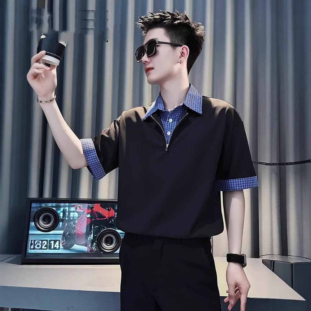 High-end Fake Designer Short Sleeves Two-piece Polo Shirt Men's Short-sleeved T-shirt 2025 New Summer Ice Silk Three-quarter Sleeve V-neck Shirt 
