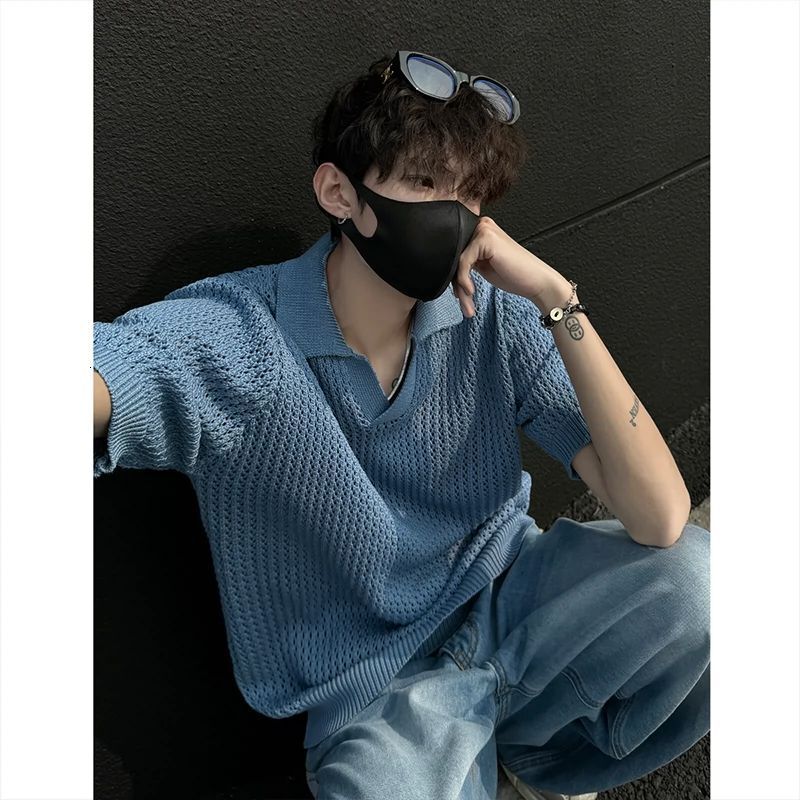 Knitted Short Sleeve Designer Short Sleeves Men's Summer American High Street Polo Shirt Turn-down Collar Half Sleeve Top High-end Cool Pullover 