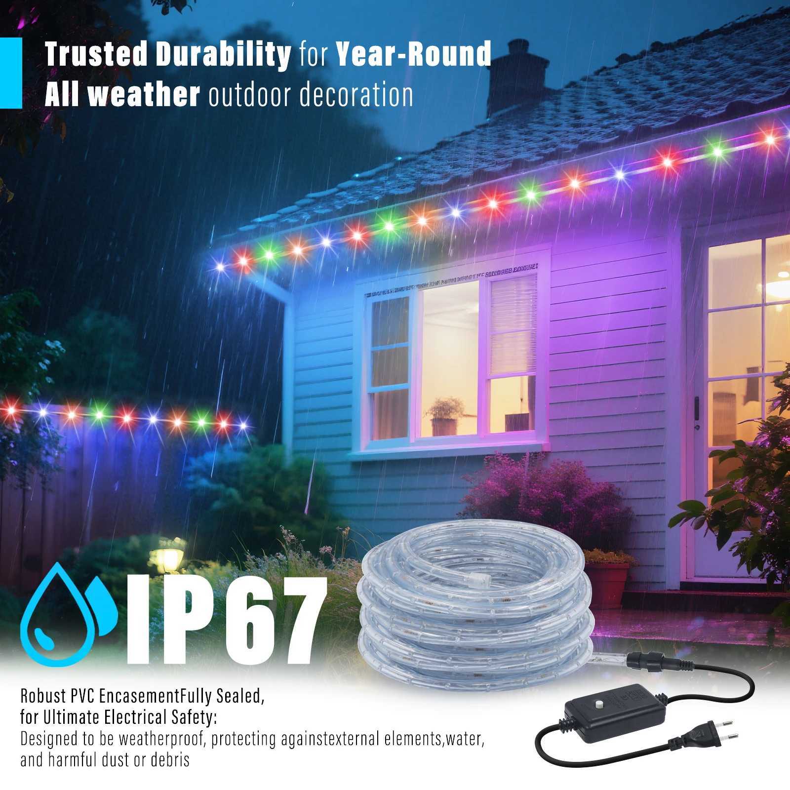 360 Neon LED Rope Light 220V 110V LED Strip String Fairy Lights 8 Modes Waterproof Rainbow Neon Strip for Home Garden Decoration W250701
