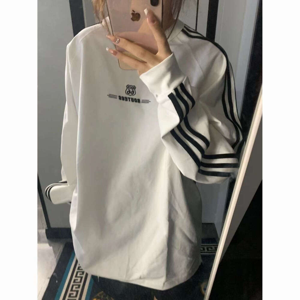 National Trend Three Stripes Letter Print Long Sleeve Sweatshirt Autumn Winter Unisex Loose Design Sense Niche Couple Casual Top B5