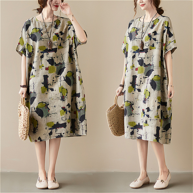 151 Spot large size literary cotton and linen printed fat girl Korean version dress