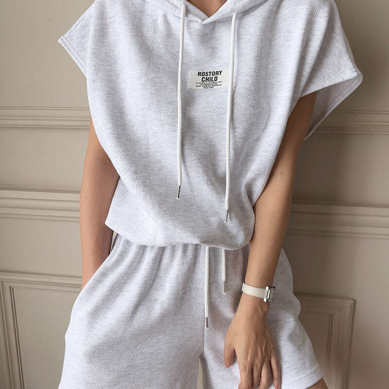 Light Gray Drawstring Hooded Sweatshirt Women Summer Loose High Waist Casual Shorts Set B5