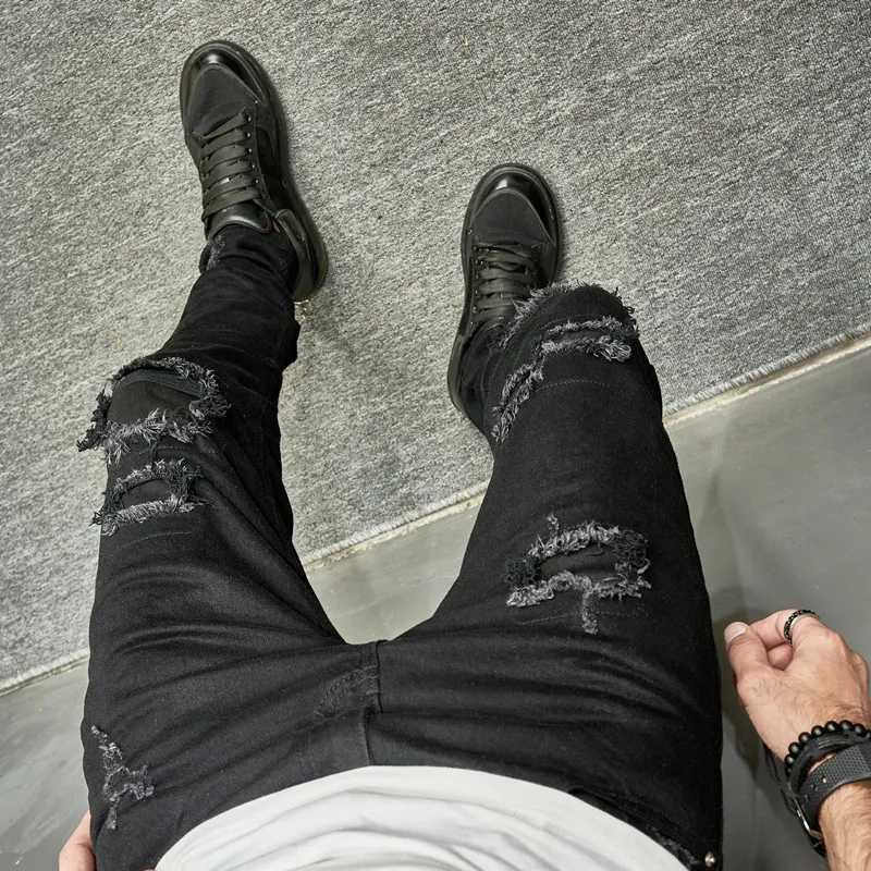 Men Holes Patch Skinny Stretch Pencil Jeans Pants High Street Stylish HipHop Mens Ripped Slim Denim Trousers XJ250707