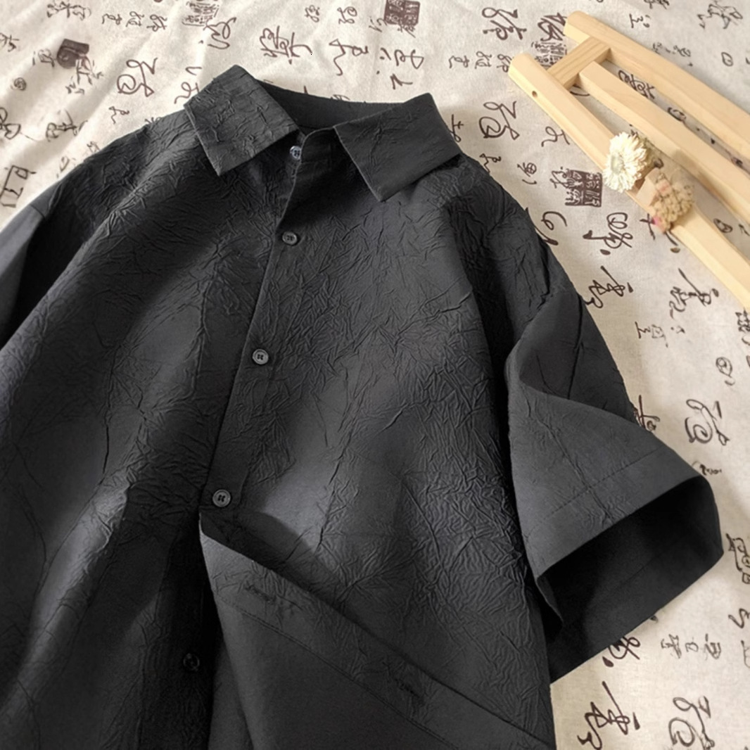 Pleated Ice Silk Short Sleeve Shirt For Men, Summer Thin Designer Short Sleeves Cool Trendy Handsome High-end Casual Fashion Shirt Jacket