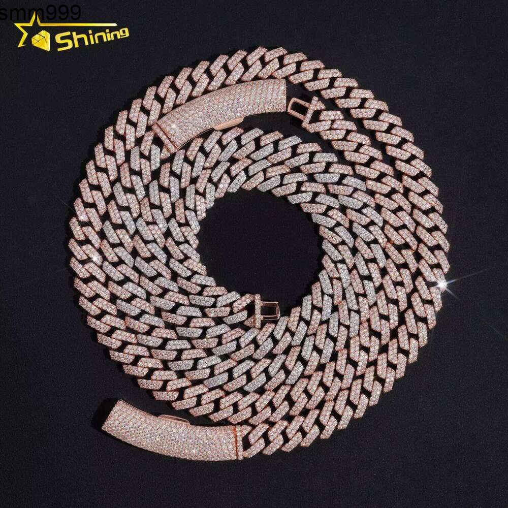 Basic Design Two Rows Of Chilled VVS D Colored Silica Rose Gold Cuban Chain Necklace With 10Mm Curved Lock